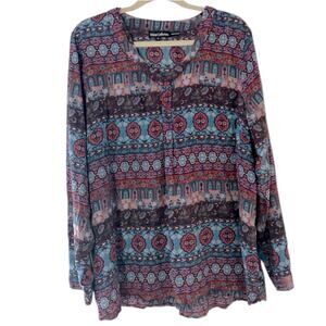 Tolani Printed V-Neck Tunic Blouse Women's XL Boho Southwest Geometric Art Deco